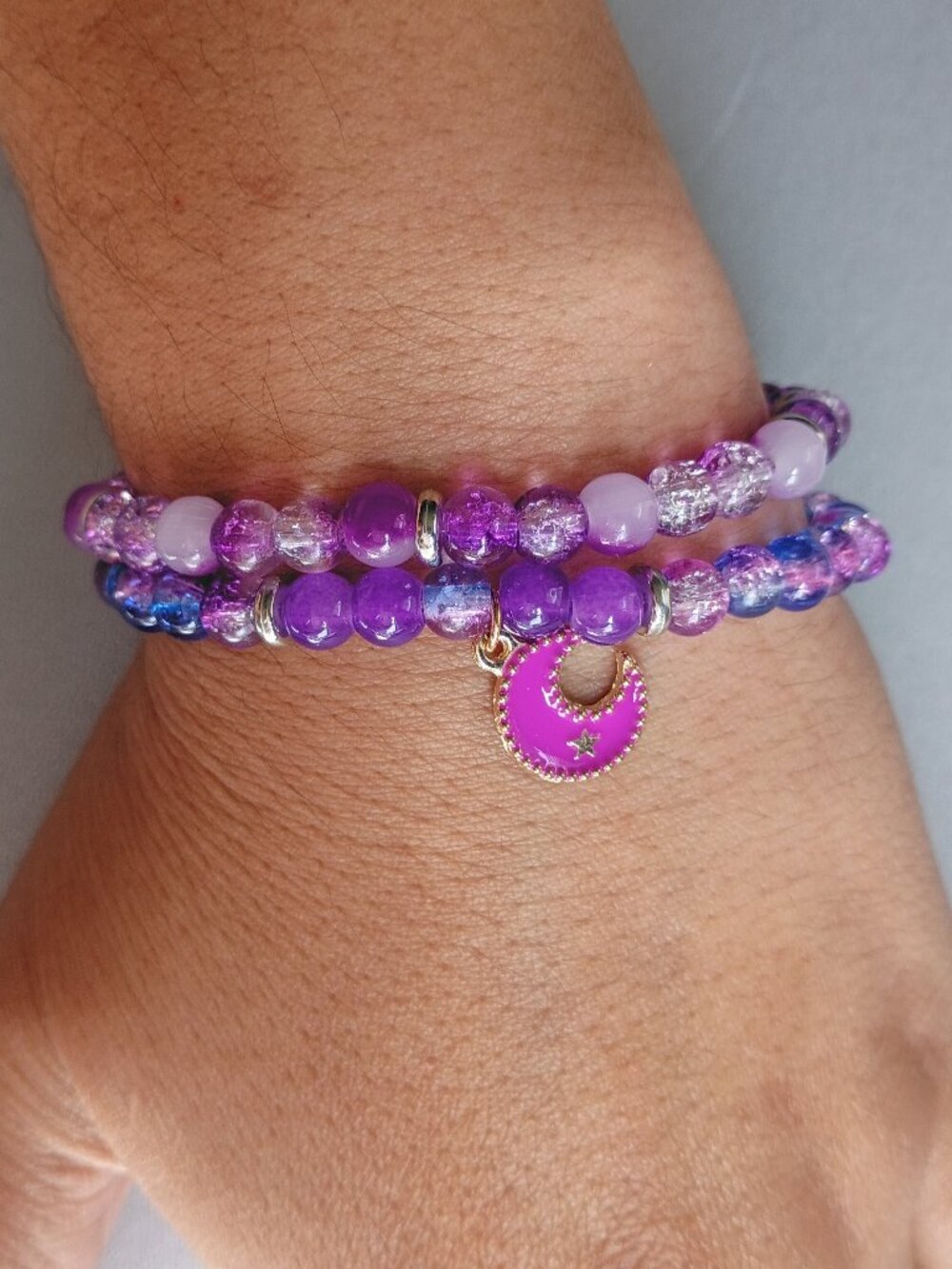 Handmade Purple Celestial Moon Crackle Glass Bracelet Stack (2-Piece Set)